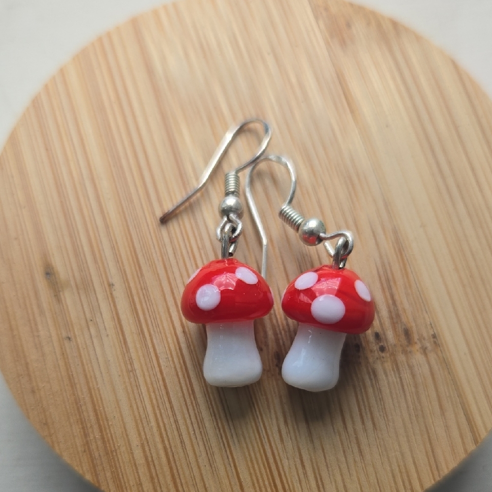 Mushroom Dangle Earrings - Red and White, Sterling Silver, Glass, Handmade